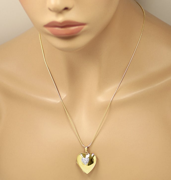 Foto 5 - Herz Medaillon plastisch mit Diamanten an Gelbgoldkette, Q1011